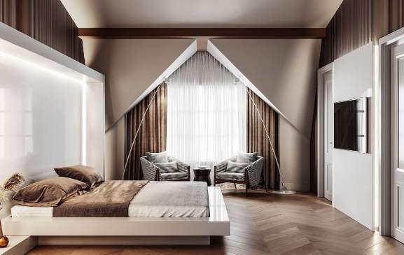 Una camera da letto in stile moderno.