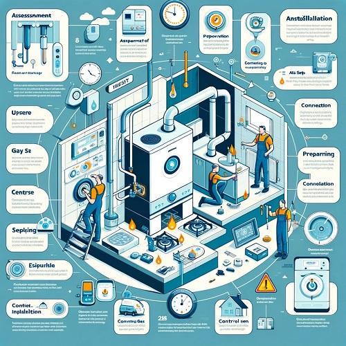 Infografica che dettaglia il processo di installazione di una caldaia a gas, inclusi i passaggi chiave per una configurazione sicura e efficiente.