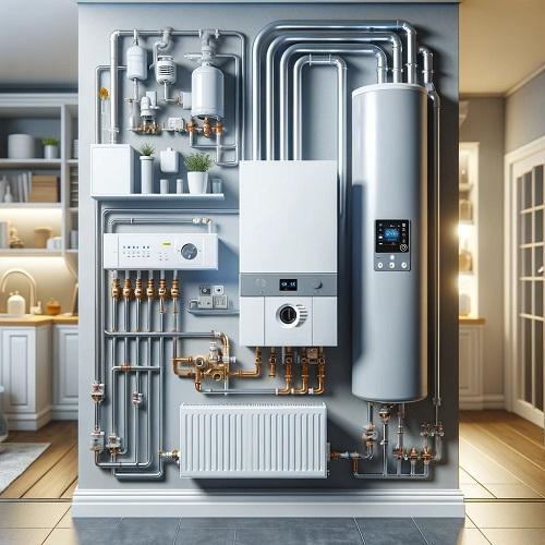 Un sistema di caldaia a gas moderno ed efficiente installato in un'abitazione domestica, mostrando un design elegante e compatto.