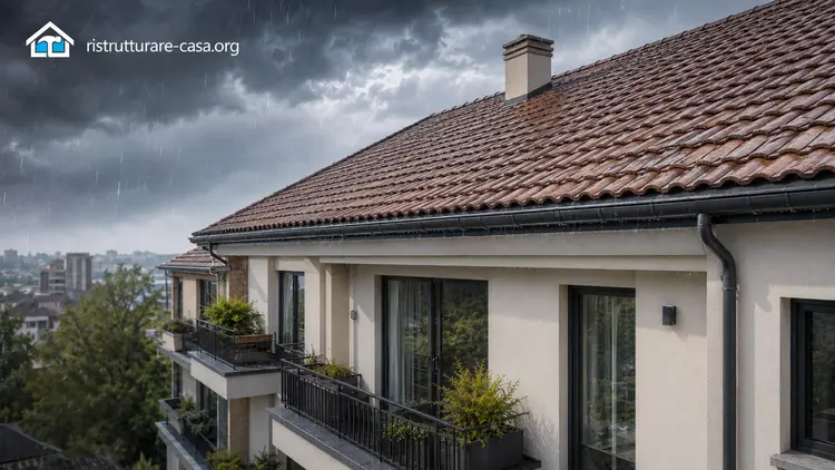 Edificio residenziale con tetto in tegole italiane sotto la pioggia, esempio di protezione dell’immobile da infiltrazioni e agenti atmosferici Proteggere un edificio dalla pioggia: tetto e manutenzione preventiva